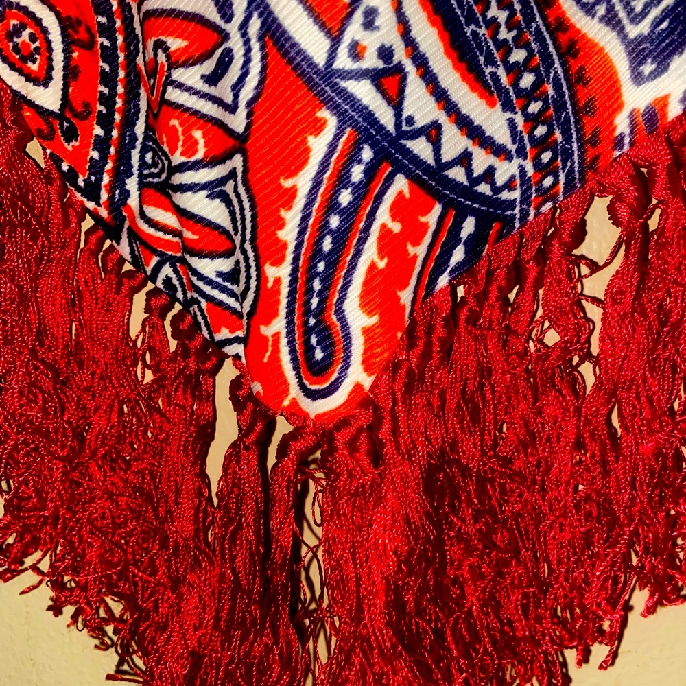 Paisley scarf/ wrap- Orange and blue, red fringe! OOAK!